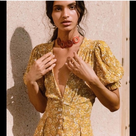 Faithfull the brand saffron Rafa ditsy floral midi dress xsmall yellow gold xs - Picture 5 of 12